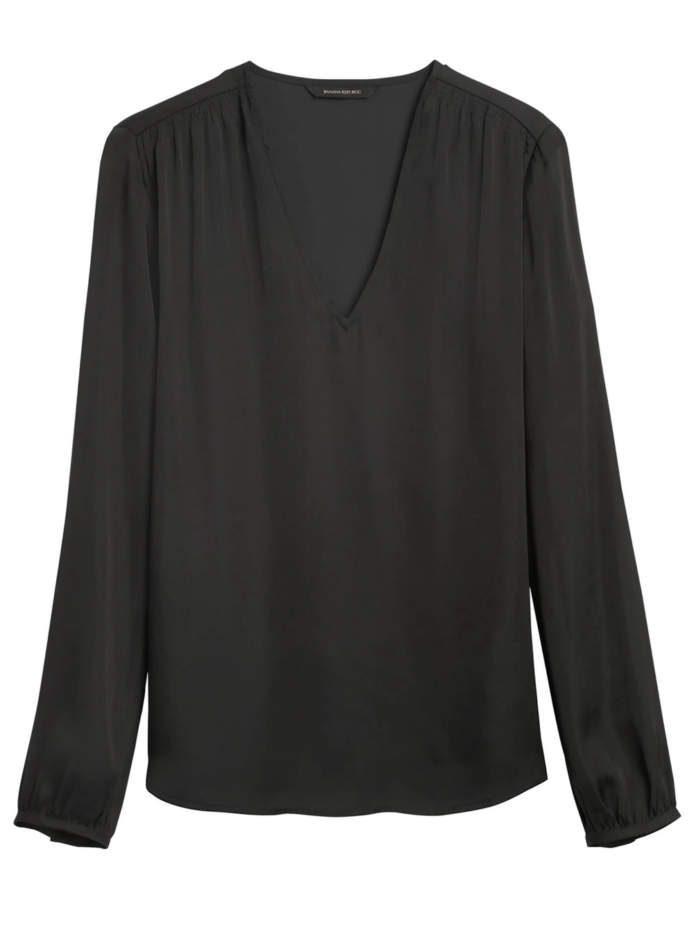 EUC Banana Republic Soft Satin Smocked Blouse V Neck Long Sleeve Elegant Black L